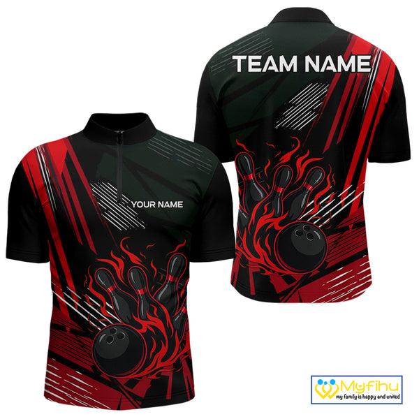 Black and Red Flame Bowling Polo, Quarter Zip Shirts For Men Custom Bowling Outfit Team Jerseys NQS10192