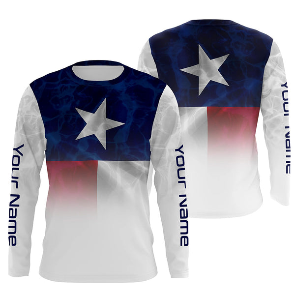 Texas flag Performance Shirts, Custom Name TX Fishing water wave UV Protection shirts for Fisherman FSD4053