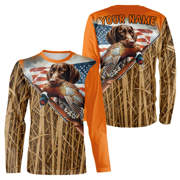 Pheasant hunting US flag German Shorthaired Pointer dog Orange Shirt for men FSD4711