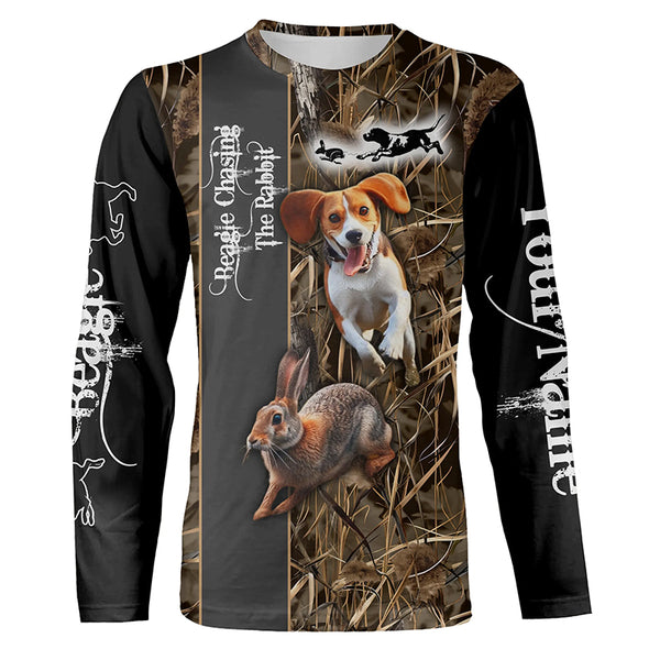 Beagle Dog Chasing the Rabbit Camo Custom Name Shirts, Rabbit Hunting Clothing FSD1044