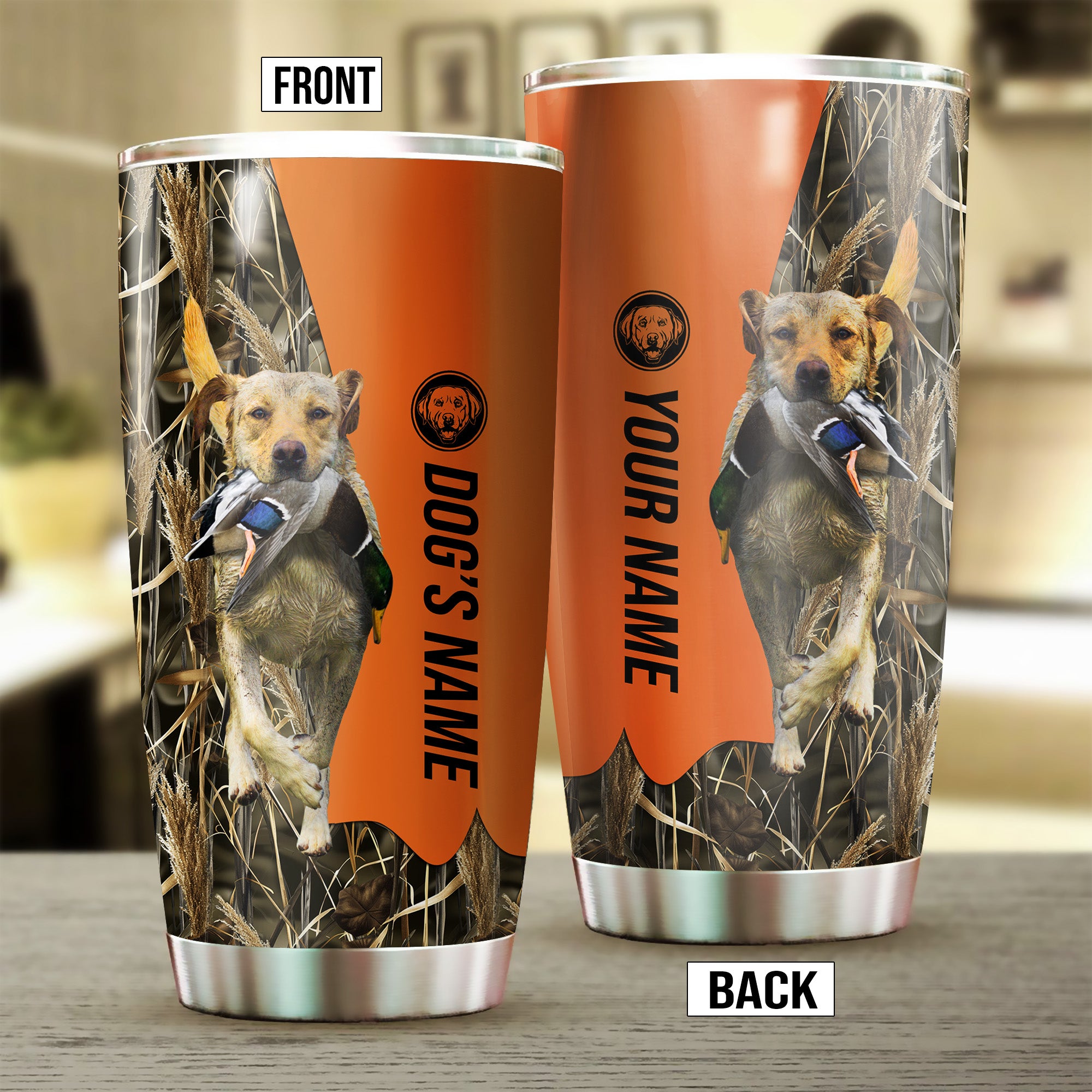 Yellow Labrador Retriever Birds & Deer shed Hunting Dog Custom name Stainless Steel Tumbler Cup FSD4287