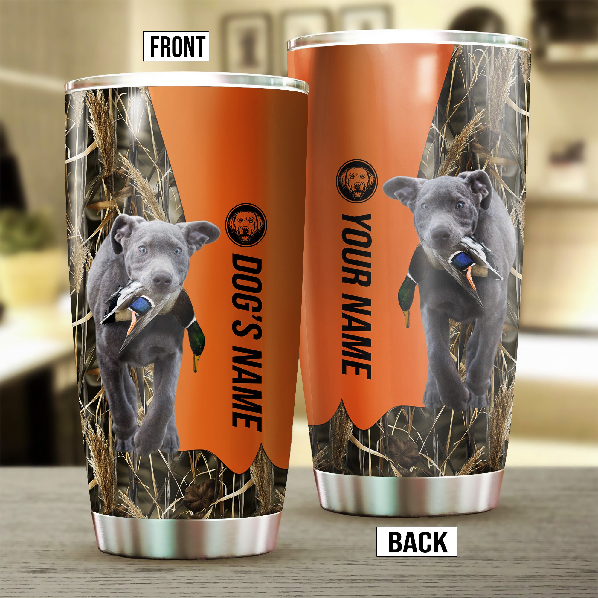Silver Labrador Retriever Birds & Deer shed Hunting Dog Custom name Stainless Steel Tumbler Cup FSD4291