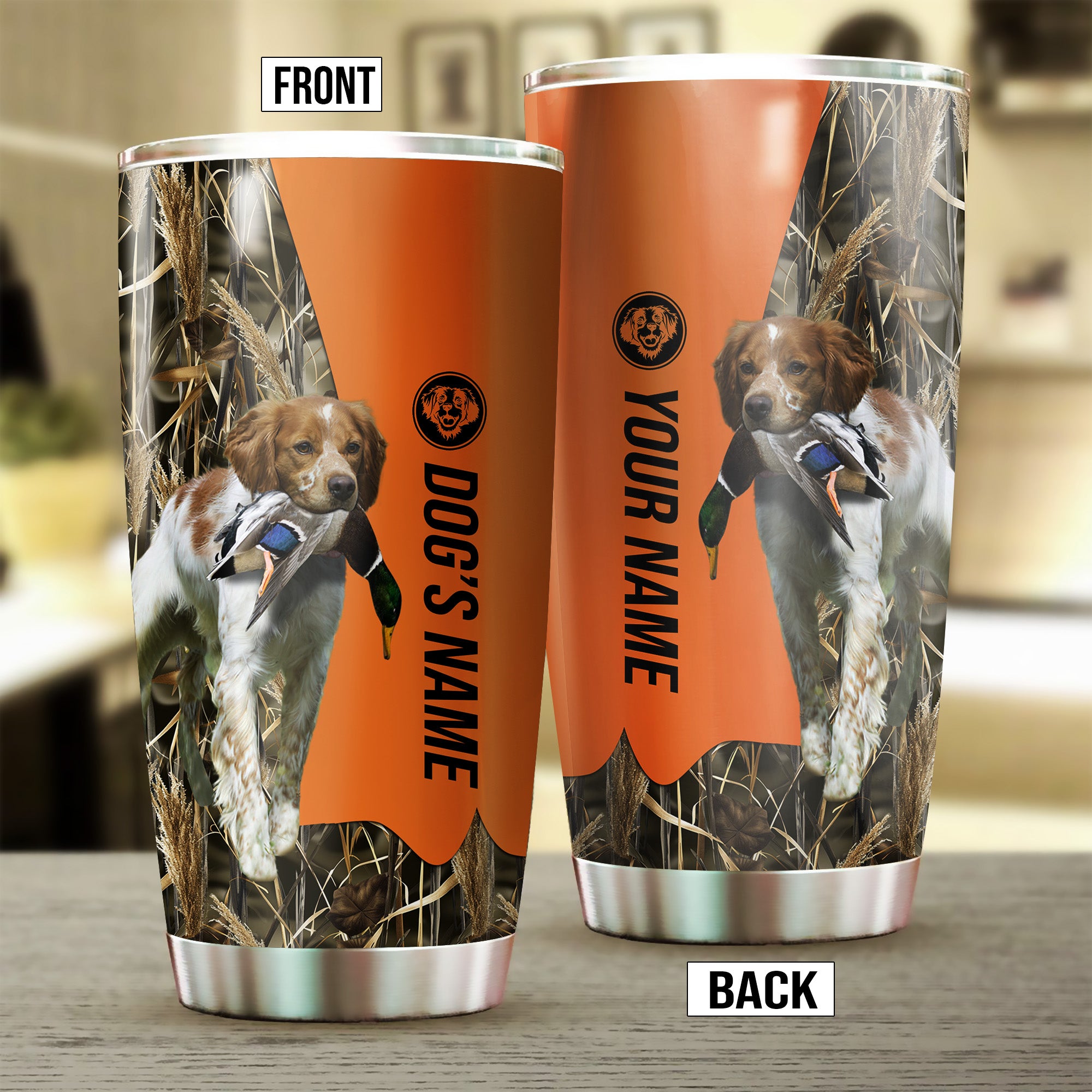 Brittany Birds & Deer shed Hunting Dog Custom name Stainless Steel Tumbler Cup FSD4295