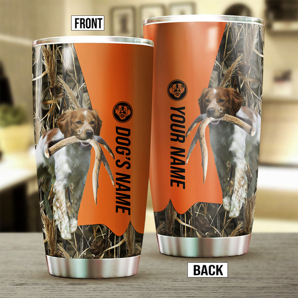 Brittany Birds & Deer shed Hunting Dog Custom name Stainless Steel Tumbler Cup FSD4295