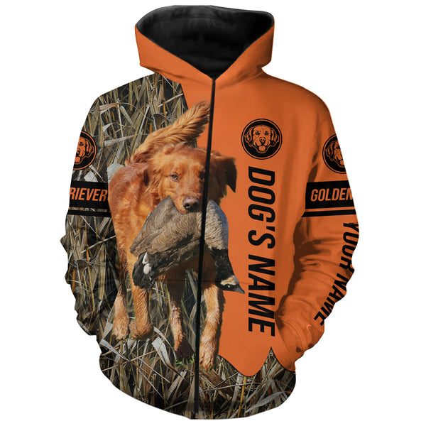 Red Golden Retriever Hunting Dog Customized Name Zip Up Hoodie Shirt for Hunters FSD4175