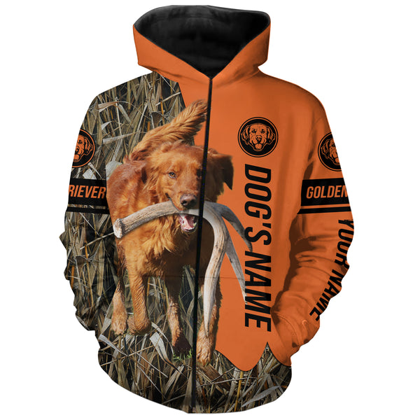 Red Golden Retriever Hunting Dog Customized Name Zip Up Hoodie Shirt for Hunters FSD4175