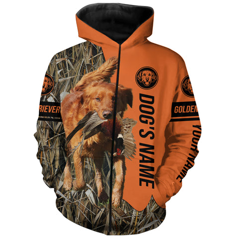 Red Golden Retriever Hunting Dog Customized Name Zip Up Hoodie Shirt for Hunters FSD4175