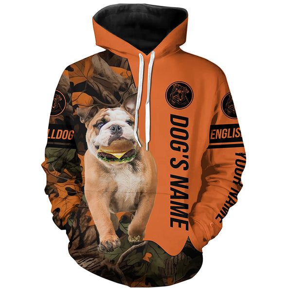 Funny English Bulldog with a Cheeseburger in mouth customize name All over print Shirt, Hoodie FSD4208