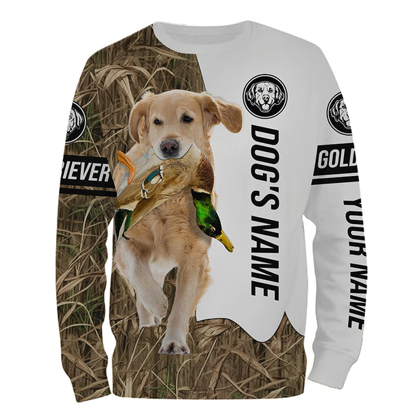 Duck Hunting with Light Golden Retriever Dog Custom Name Camo Full Printing Shirts, Hoodie FSD3587