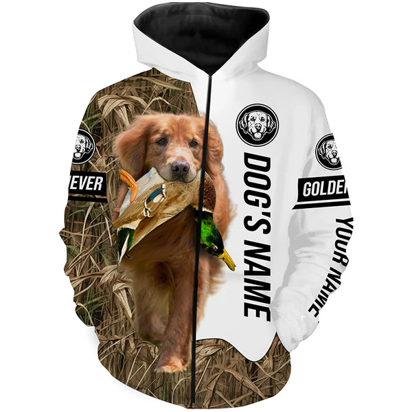 Duck Hunting with Red Golden Retriever Dog Custom Name Camo Full Printing Shirts, Hoodie FSD3588