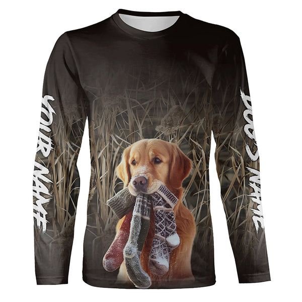 Golden Retriever with stockings in mouth waterfowl camo Custom Name Shirts, personalized gifts FSD4620