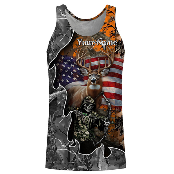 Deer Hunting American Flag Grim Reaper Custom Name camouflage Shirts for Hunters, Hunting Clothing FSD358