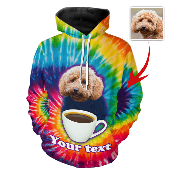 Funny Tie-Dye Dog & Coffee Hoodie – Custom Dog Face FSD4766