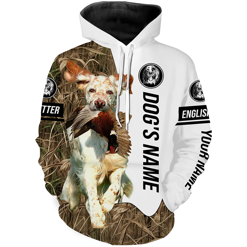 Pheasant Hunting with Llewellin English Setter Dog (Orange belton) Custom Name Camo Full Printing Shirts, Hoodie FSD2683