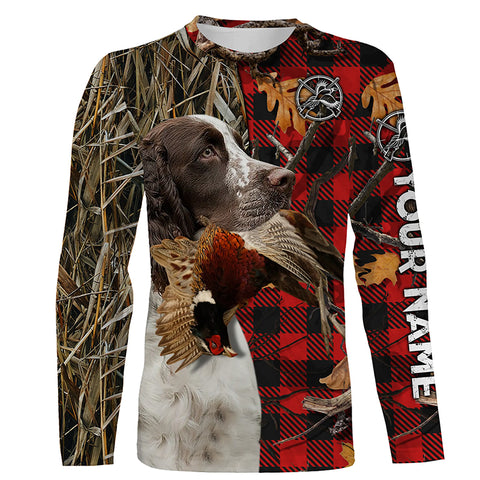 English Springer Spaniel Pheasant Hunting Dog Red Plaid Camo Custom Name Shirt, Christmas Gifts for Hunters FSD4241