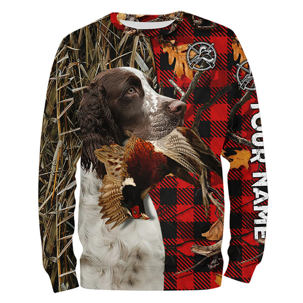 English Springer Spaniel Pheasant Hunting Dog Red Plaid Camo Custom Name Shirt, Christmas Gifts for Hunters FSD4241