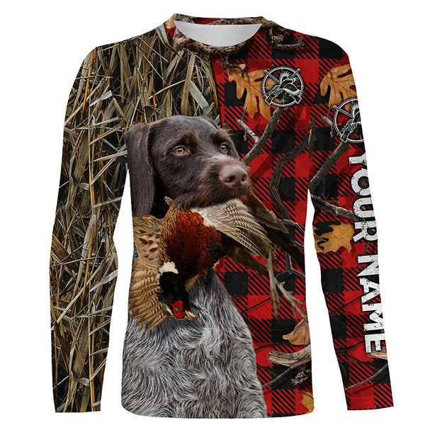 Deutsch Drahthaar Pheasant Hunting Dog Red Plaid Camo Custom Name Shirt, Christmas Gifts for Hunters FSD4242