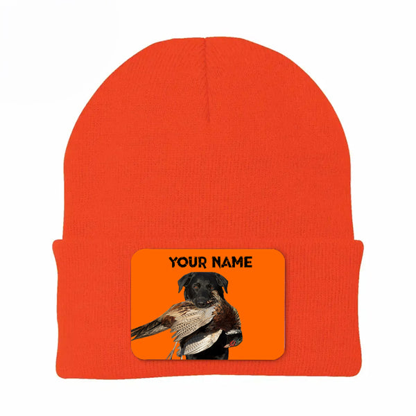 Pheasant Hunting Orange Knit Beanie Hat, Custom Name Rectangle Patch Pheasant Hunting Dogs Hat FSD4750