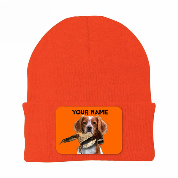 Pheasant Hunting Orange Knit Beanie Hat, Custom Name Rectangle Patch Pheasant Hunting Dogs Hat FSD4750