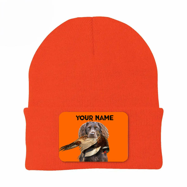 Pheasant Hunting Orange Knit Beanie Hat, Custom Name Rectangle Patch Pheasant Hunting Dogs Hat FSD4750