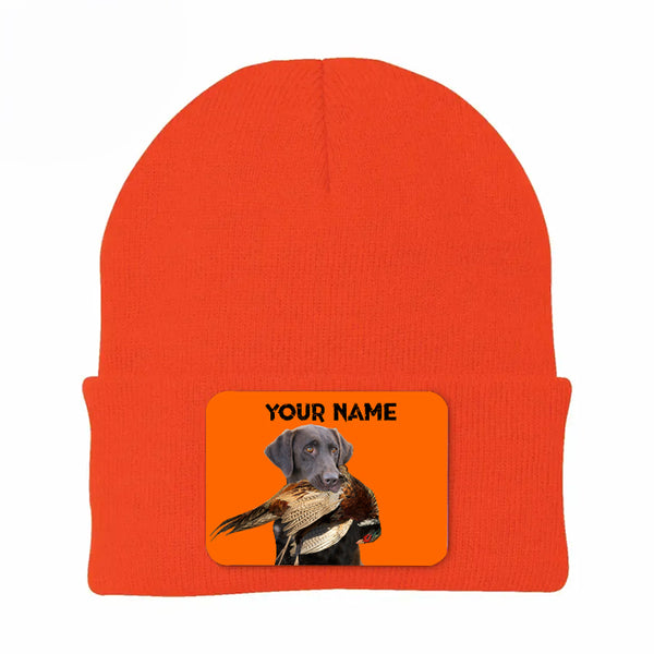 Pheasant Hunting Orange Knit Beanie Hat, Custom Name Rectangle Patch Pheasant Hunting Dogs Hat FSD4750