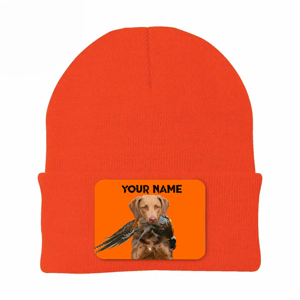 Pheasant Hunting Orange Knit Beanie Hat, Custom Name Rectangle Patch Pheasant Hunting Dogs Hat FSD4750