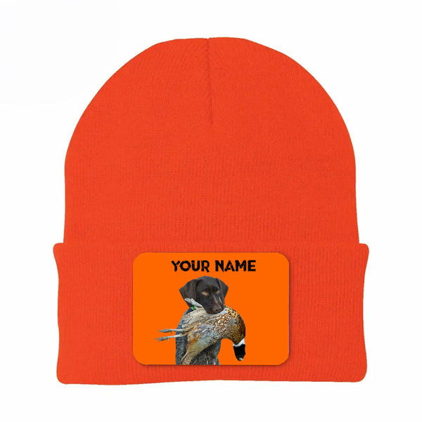 Pheasant Hunting Orange Knit Beanie Hat, Custom Name Rectangle Patch Pheasant Hunting Dogs Hat FSD4750