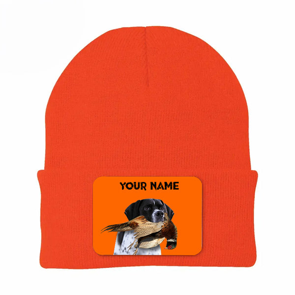 Pheasant Hunting Orange Knit Beanie Hat, Custom Name Rectangle Patch Pheasant Hunting Dogs Hat FSD4750
