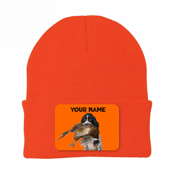 Pheasant Hunting Orange Knit Beanie Hat, Custom Name Rectangle Patch Pheasant Hunting Dogs Hat FSD4750