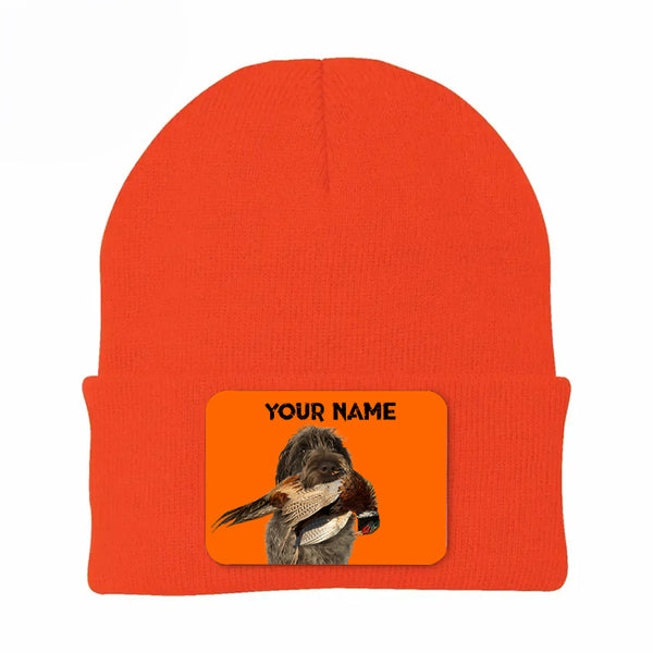 Pheasant Hunting Orange Knit Beanie Hat, Custom Name Rectangle Patch Pheasant Hunting Dogs Hat FSD4750