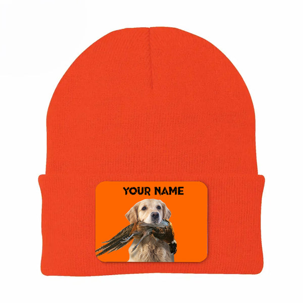 Pheasant Hunting Orange Knit Beanie Hat, Custom Name Rectangle Patch Pheasant Hunting Dogs Hat FSD4750