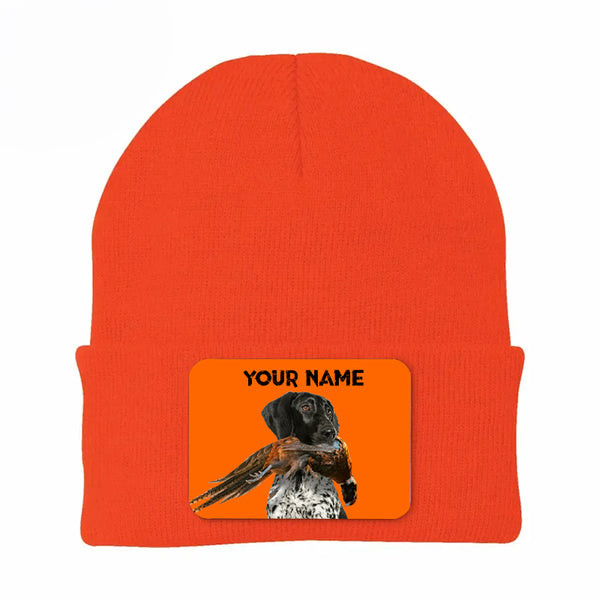 Pheasant Hunting Orange Knit Beanie Hat, Custom Name Rectangle Patch Pheasant Hunting Dogs Hat FSD4750