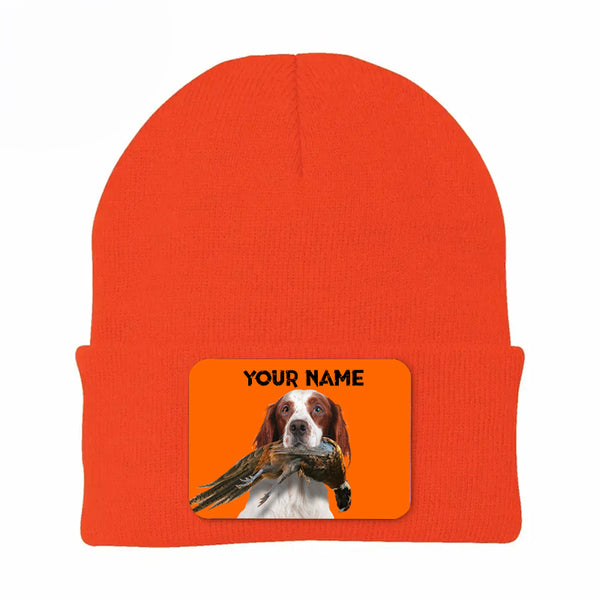 Pheasant Hunting Orange Knit Beanie Hat, Custom Name Rectangle Patch Pheasant Hunting Dogs Hat FSD4750