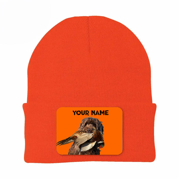 Pheasant Hunting Orange Knit Beanie Hat, Custom Name Rectangle Patch Pheasant Hunting Dogs Hat FSD4750