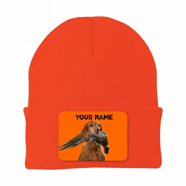 Pheasant Hunting Orange Knit Beanie Hat, Custom Name Rectangle Patch Pheasant Hunting Dogs Hat FSD4750
