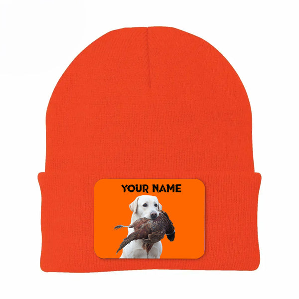 Pheasant Hunting Orange Knit Beanie Hat, Custom Name Rectangle Patch Pheasant Hunting Dogs Hat FSD4750