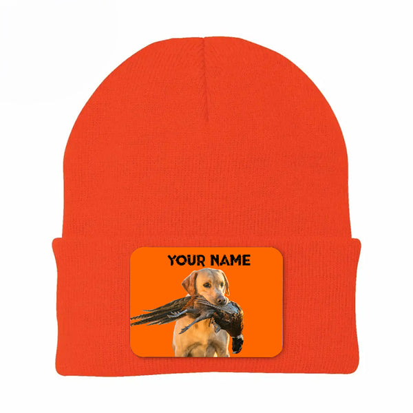Pheasant Hunting Orange Knit Beanie Hat, Custom Name Rectangle Patch Pheasant Hunting Dogs Hat FSD4750