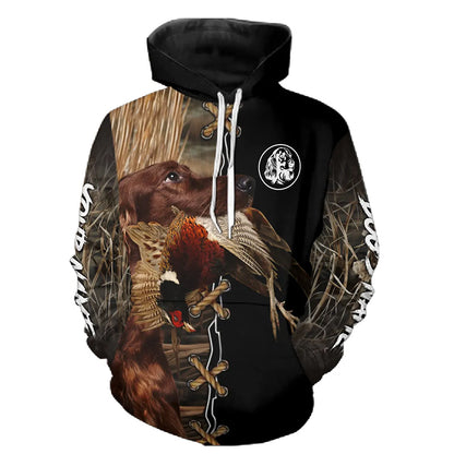 Red Irish Setter Hunting Dog Custom Name Hoodie Shirt for Hunter FSD4771