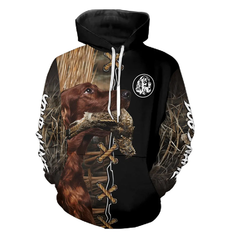 Red Irish Setter Hunting Dog Custom Name Hoodie Shirt for Hunter FSD4771