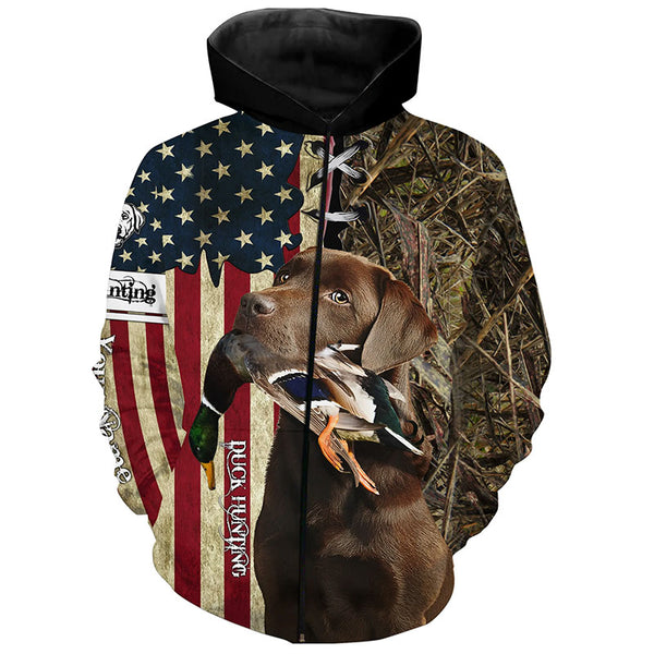 Chocolate Labrador Retriever Hunting Bird Dog Duck Hunter American flag full printing shirt, Hoodie FSD3264