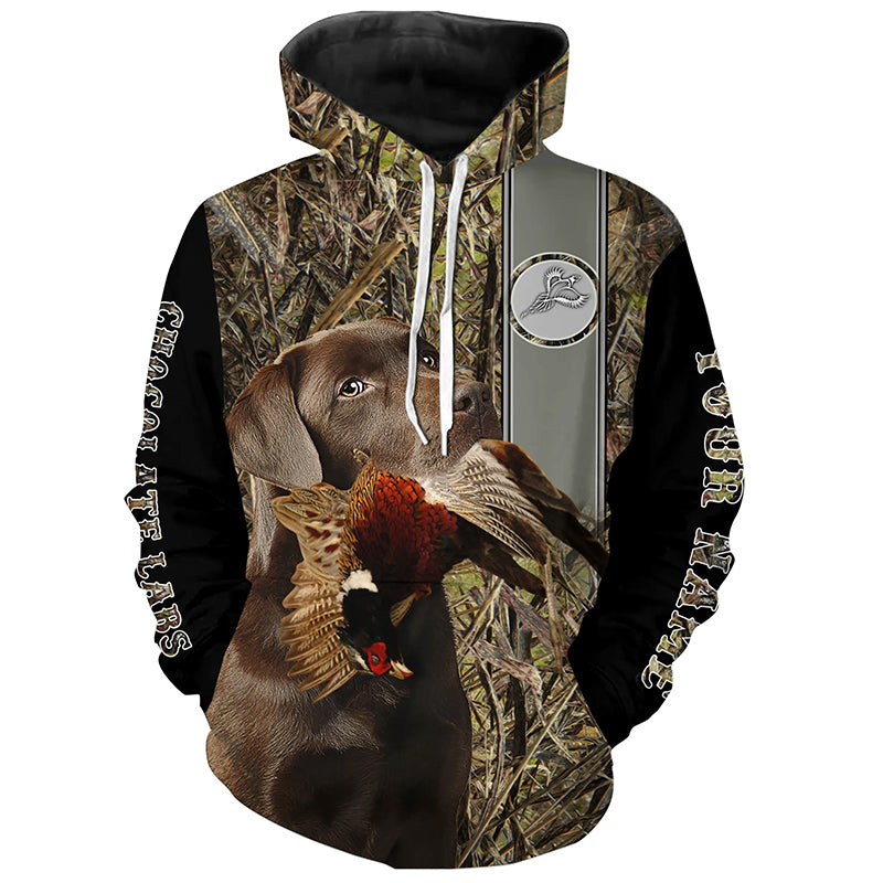 Chocolate Labrador Retriever Hunting Pheasant Hunter Camo Custom Name All Over Printed Hoodie, Long sleeve Shirt FSD2881