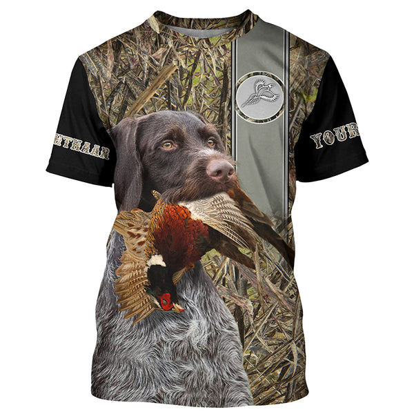 Deutsch Drahthaar Hunting Pheasant Camo Custom Name All Over Printed Hoodie, Long sleeve Shirt FSD2883