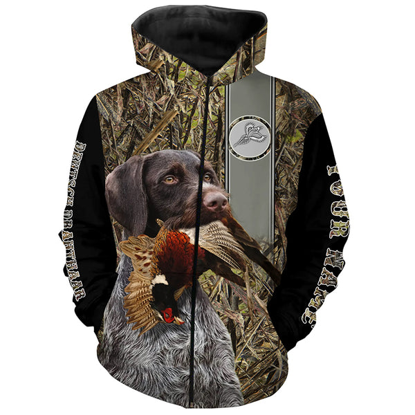 Deutsch Drahthaar Hunting Pheasant Camo Custom Name All Over Printed Hoodie, Long sleeve Shirt FSD2883