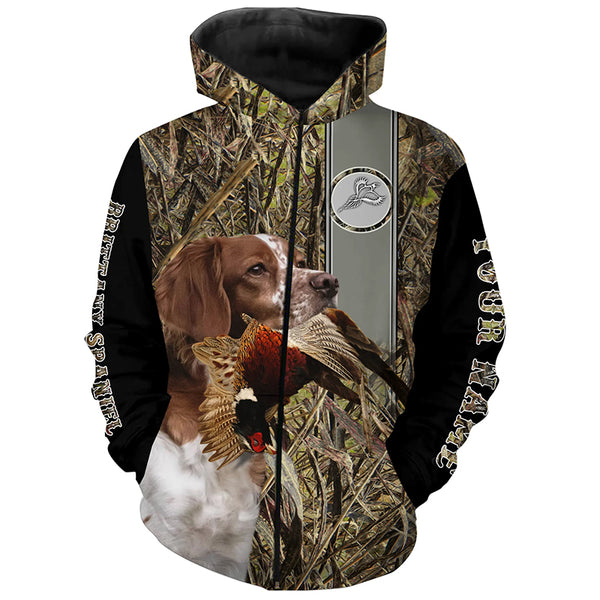 Brittany Spaniel Hunting Pheasant Camo Custom Name All Over Printed Hoodie, Long sleeve Shirt FSD2884