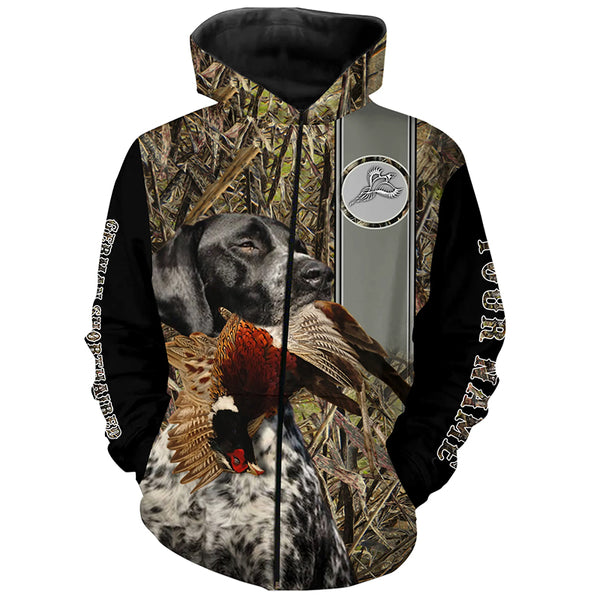 Black roan GSP German Shorthaired Pointer Hunting Pheasant Camo Custom Name All Over Printed Hoodie, Long sleeve Shirt FSD2885