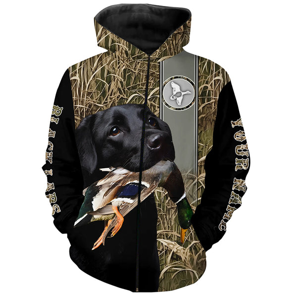 Black Labrador Duck Hunting with Dog Waterfowl Camo Custom Name All Over Printed Shirts, Personalized Gifts FSD2582