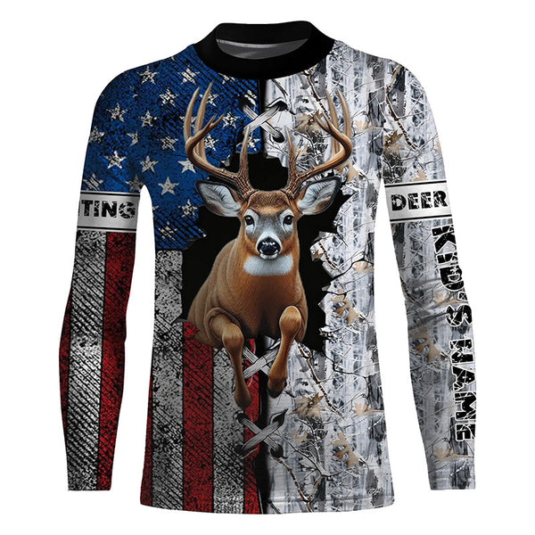 Deer Hunting American flag snow winter camo Custom name Shirts, Deer Hunting Gifts FSD896