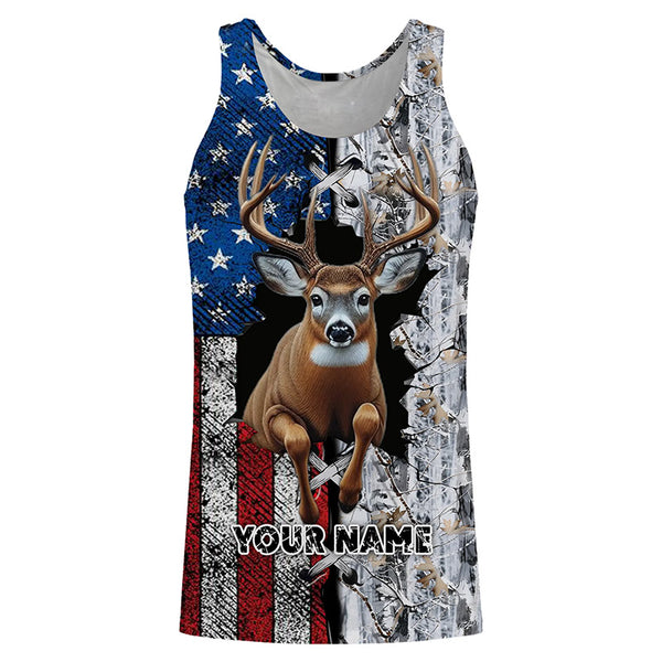 Deer Hunting American flag snow winter camo Custom name Shirts, Deer Hunting Gifts FSD896