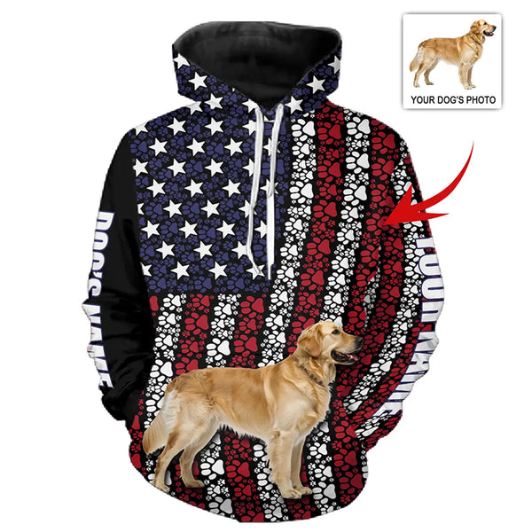 Patriotic Dog Paw American Flag Hoodie – Custom Dog Photo & Name FSD4783