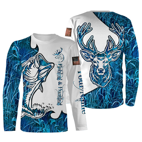 Fishing and Hunting Deer and Bass blue camo all over print Shirt, Hoodie - Personalized Gifts FSD3189
